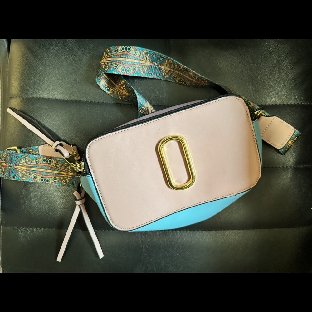 Stylish Pink Blue Purple Crossbody Bag with Patterned Strap